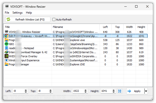VOVSOFT Window Resizer screenshot