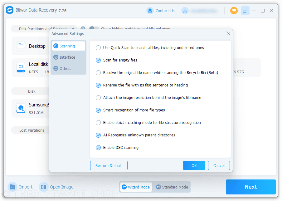 Bitwar Data Recovery Screenshot - Advanced Settings