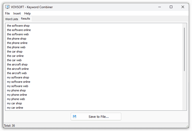 Vovsoft Keyword Combiner Results