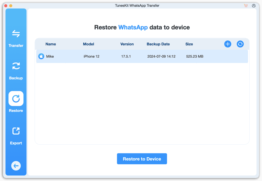 Tuneskit Whatsapp Transfer - Restore