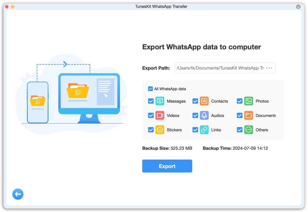 Tuneskit Whatsapp Transfer - export data