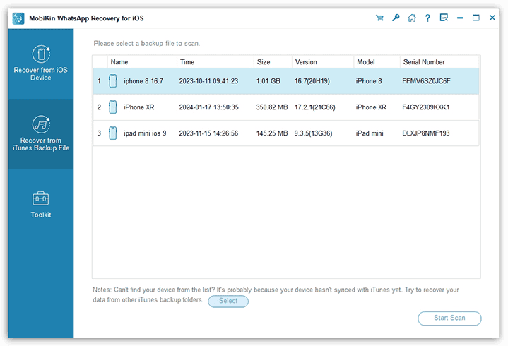 MobiKin WhatsApp Recovery for iOS - from iTunes Backup Files