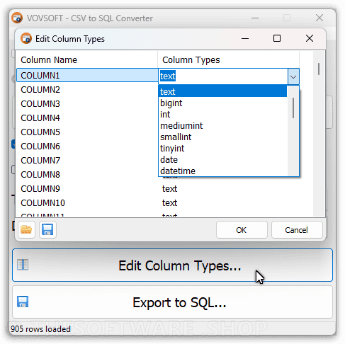 VOVSOFT CSV to SQL Converter - Edit Column Types