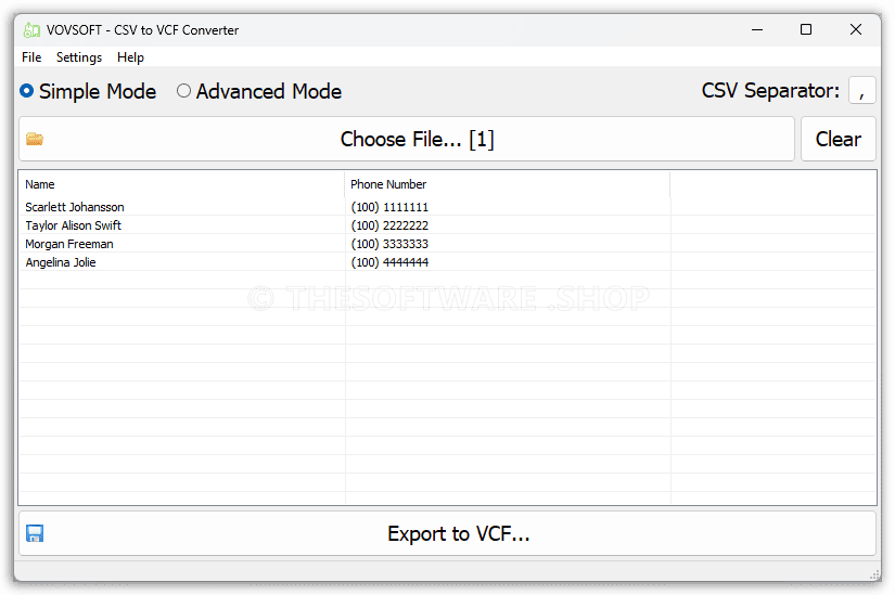 VOVSOFT CSV to VCF Converter - Simple Mode
