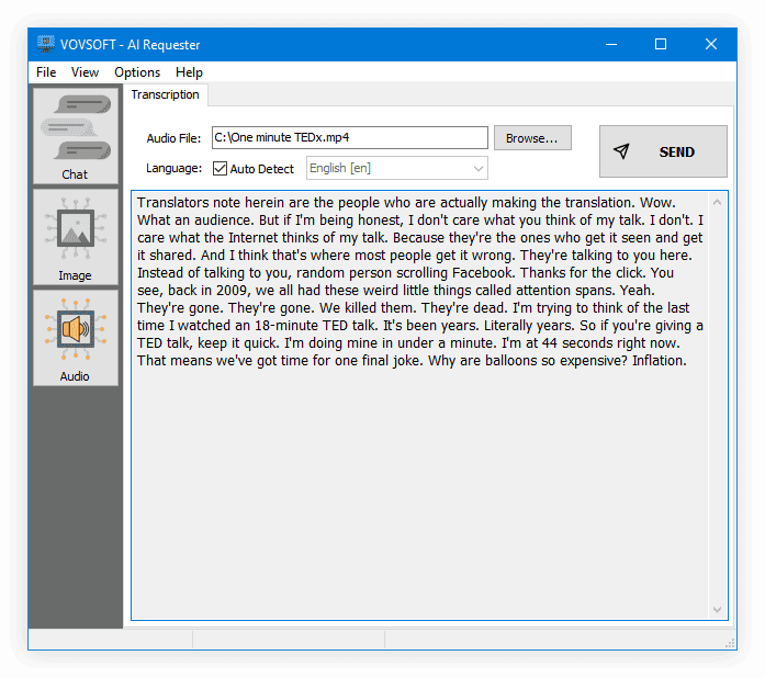 Vovsoft AI Requester - Audio Transcription