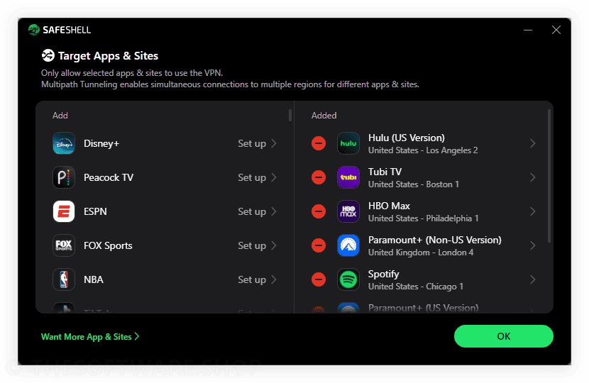 SafeShell VPN Target Apps Sites