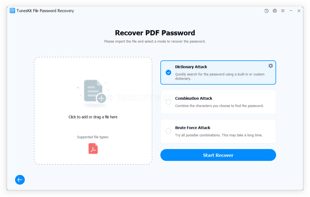 TunesKit File Password Recovery screenshot - Recover Password