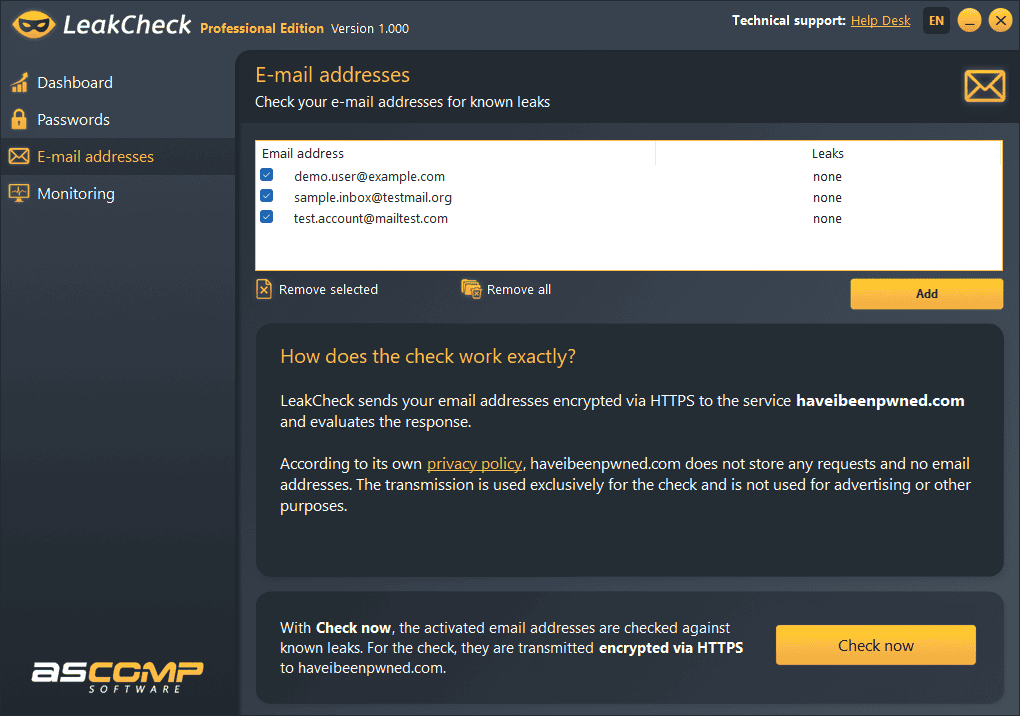 ASCOMP LeakCheck Professional Screenshot Email