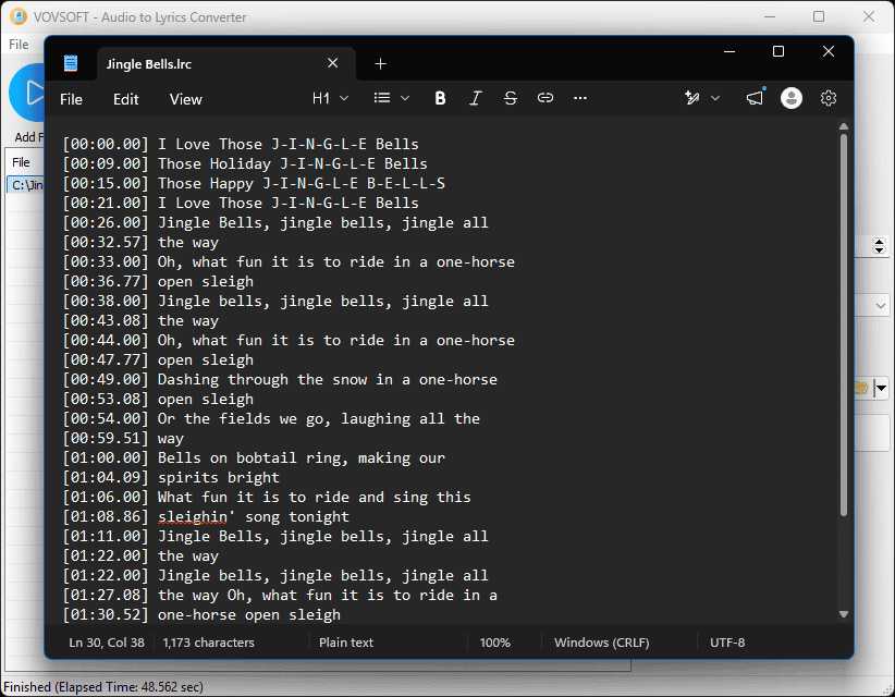 Vovsoft Audio to Lyrics Converter Results