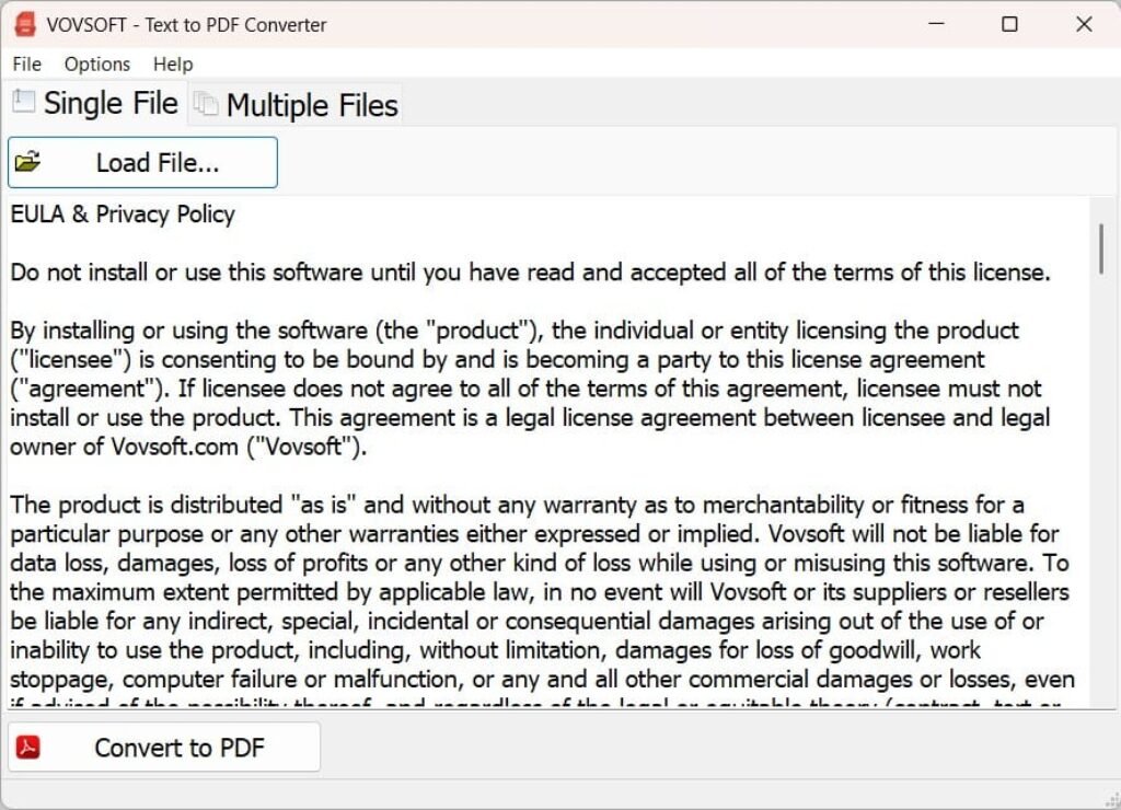 Vovsoft Text to PDF Converter Screenshot
