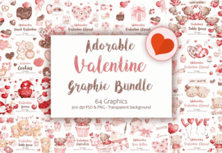 Giveaway – Adorable Valentine Graphic Bundle: Free Commercial License | 64 High-quality PSD & PNG Graphics with Transparent Backgrounds.